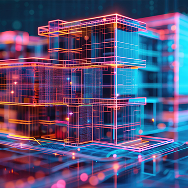 Abstrakte und digitale Darstellung eines technischen Gebäudemodels