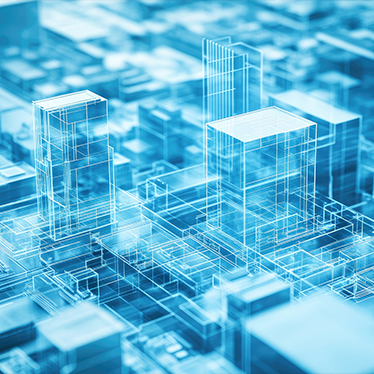 Abstrakte und digitale Darstellung verschiedener Gebäude